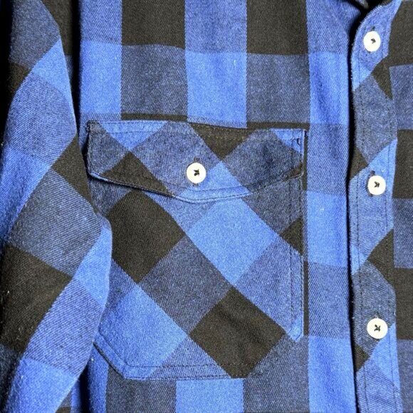 Design in Italy Men's Medium Blue & Black Plaid‎ Flannel Button-Up Shirt Outdoor - Picture 3 of 9